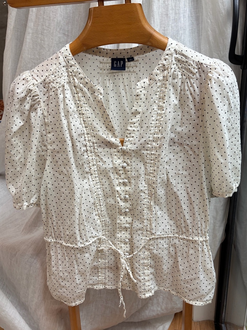 GAP Cream Blouse with Black Polka Dots and Tie Waist